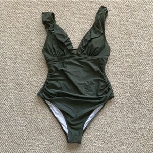 Cupshe Olive Green Frilled One Piece Swimsuit Size Large High Cut FLAWS